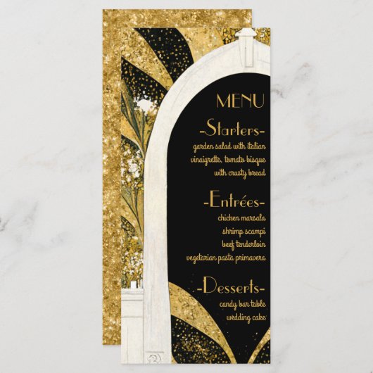 Elegant Black and Gold Art Deco Archway Wedding Menu (Voorkant / Achterkant)