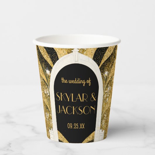 Elegant Black and Gold Art Deco Archway Wedding Papieren Bekers (Voorkant)