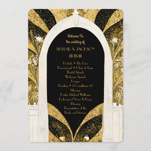 Elegant Black and Gold Art Deco Archway Wedding Programmakaart (Voorkant)