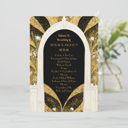 Elegant Black and Gold Art Deco Archway Wedding Programmakaart (Staand voorkant)