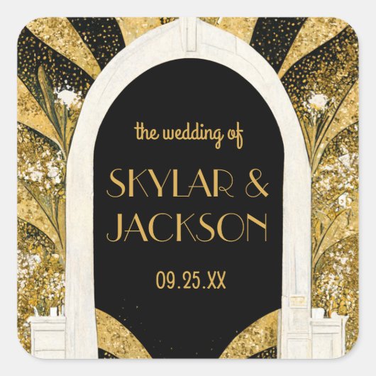 Elegant Black and Gold Art Deco Archway Wedding Vierkante Sticker (Voorkant)