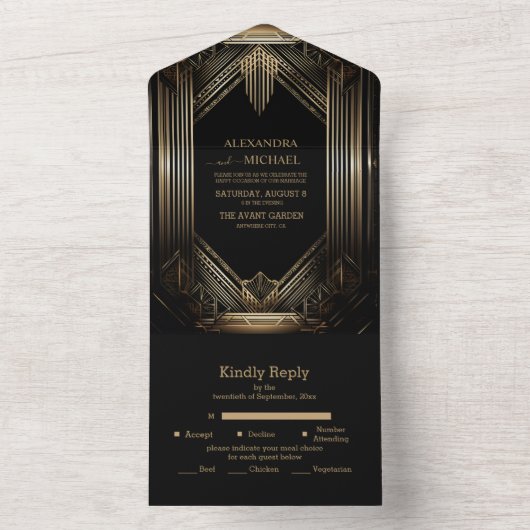 Elegant Black and Gold Art Deco Wedding All In One Uitnodiging (Binnen)