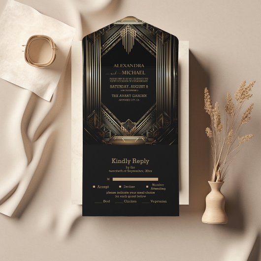 Elegant Black and Gold Art Deco Wedding All In One Uitnodiging