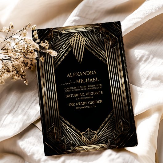 Elegant Black and Gold Art Deco Wedding Kaart