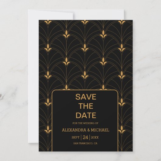 Elegant Black and Gold Art Deco Wedding Save The Date (Voorkant)