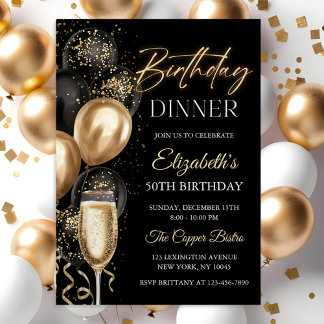 Elegant Black and Gold Balloons Birthday Dinner Kaart