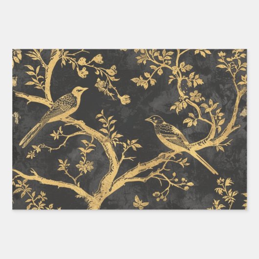 Elegant Black and Gold Birds Inpakpapier Vel (Voorkant)