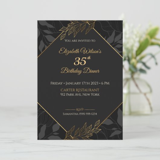 Elegant Black and Gold Birthday Invitation Kaart (Staand voorkant)