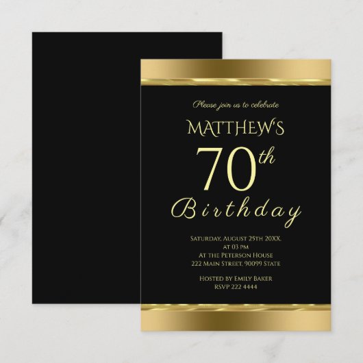 Elegant Black and Gold Birthday Invitation Kaart (Voorkant / Achterkant)
