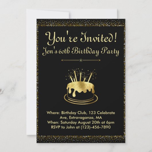 Elegant Black and Gold Birthday Invitation Kaart (Voorkant)