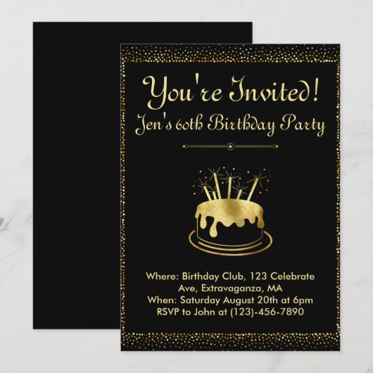 Elegant Black and Gold Birthday Invitation Kaart (Voorkant / Achterkant)