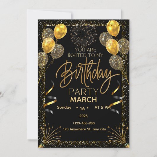 Elegant Black and Gold Birthday Invitation Kaart (Voorkant)