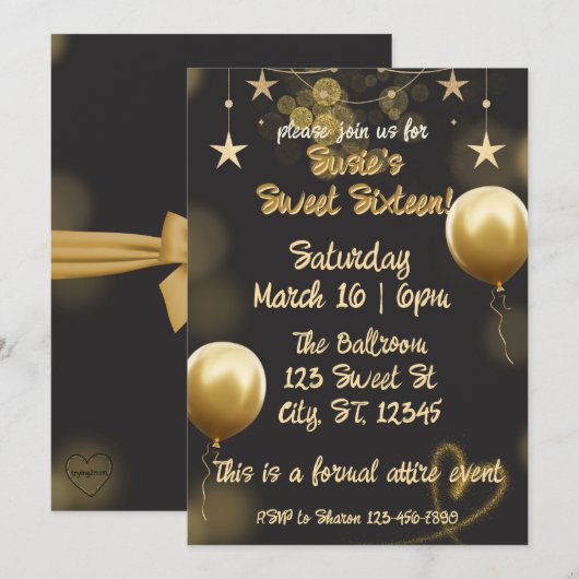 Elegant Black and Gold birthday Invitation Kaart (Voorkant / Achterkant)