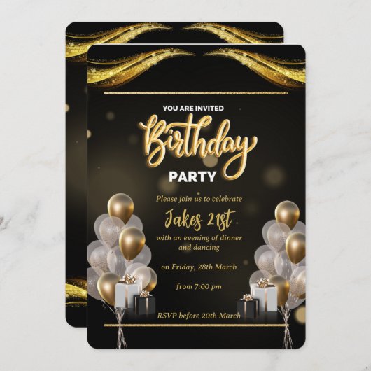 Elegant Black and Gold Birthday Invitation Kaart (Voorkant / Achterkant)