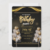 Elegant Black and Gold Birthday Invitation Kaart (Voorkant)