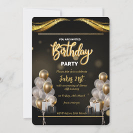 Elegant Black and Gold Birthday Invitation Kaart