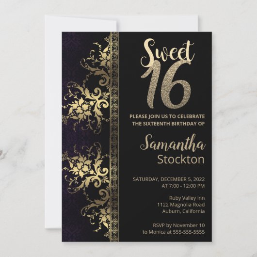 Elegant Black and Gold Birthday Invitation Kaart (Voorkant)
