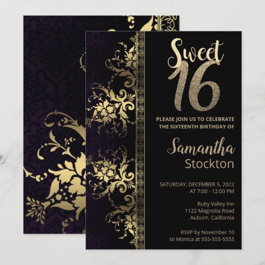 Elegant Black and Gold Birthday Invitation Kaart (Voorkant / Achterkant)