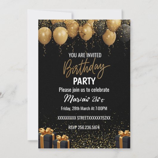 Elegant Black and Gold Birthday Invitation Kaart (Voorkant)