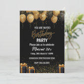 Elegant Black and Gold Birthday Invitation Kaart (Staand voorkant)