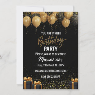 Elegant Black and Gold Birthday Invitation Kaart