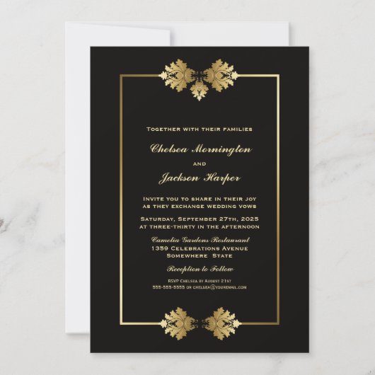 Elegant Black and Gold Border Wedding Kaart (Voorkant)