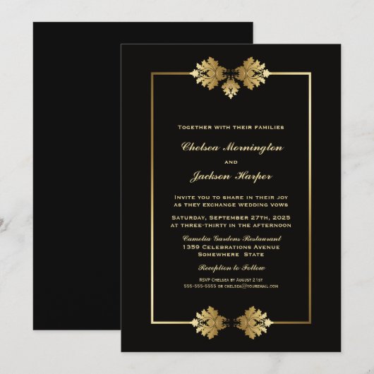 Elegant Black and Gold Border Wedding Kaart (Voorkant / Achterkant)