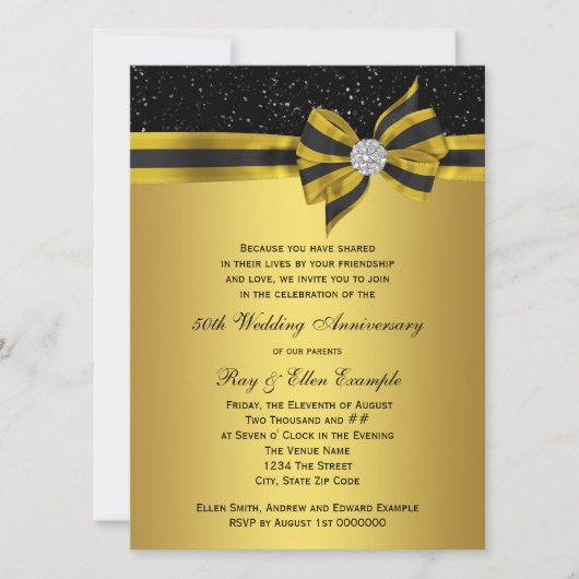Elegant Black and Gold Bow 50th Jubileum Party Kaart (Voorkant)