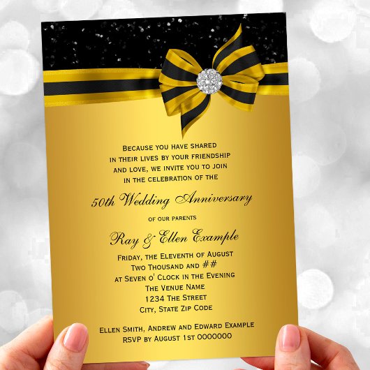 Elegant Black and Gold Bow 50th Jubileum Party Kaart