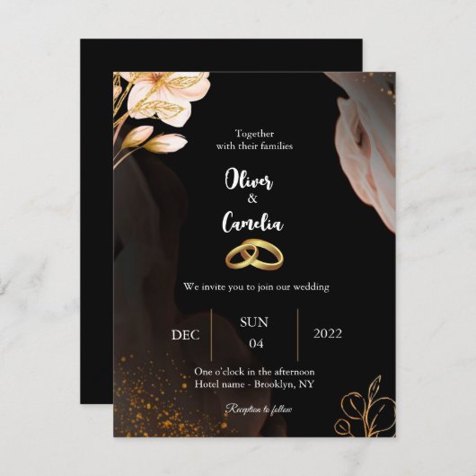 Elegant Black and Gold bruiloft-uitnodiging (Voorkant / Achterkant)