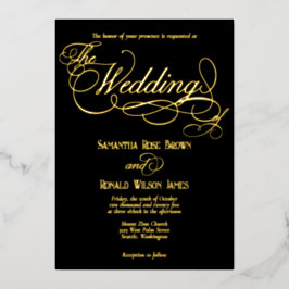 Elegant Black and Gold Calligraphy Wedding Folie Uitnodiging