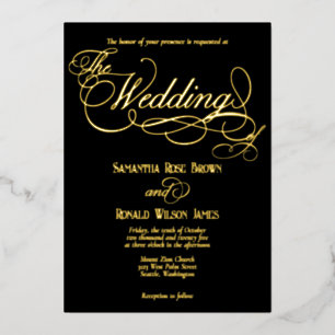 Elegant Black and Gold Calligraphy Wedding Folie Uitnodiging