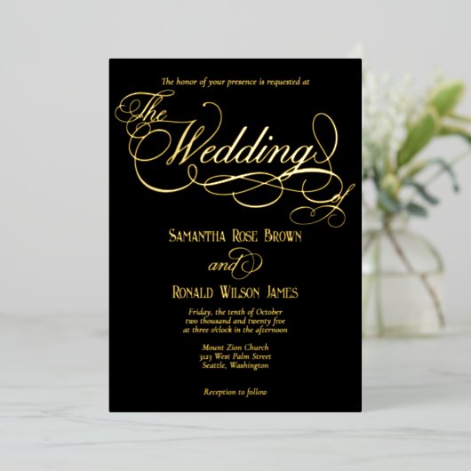 Elegant Black and Gold Calligraphy Wedding Folie Uitnodiging (Staand Voorkant)