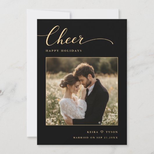 Elegant Black and Gold Cheer Photo Newlywed Feestdagenkaart (Voorkant)