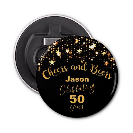 Elegant Black and Gold "Cheers and Beers" Button Flesopener (Voorkant)