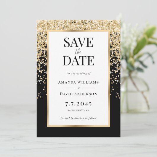 Elegant Black and Gold Confetti Wedding Save The Date (Staand voorkant)