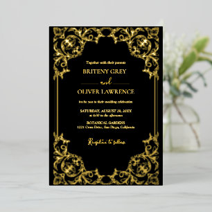 Elegant Black and Gold Damask Wedding Folie Uitnodiging