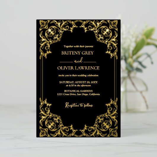 Elegant Black and Gold Damask Wedding Folie Uitnodiging (Staand Voorkant)