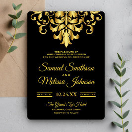 Elegant Black and Gold Damask Wedding Invitation Kaart