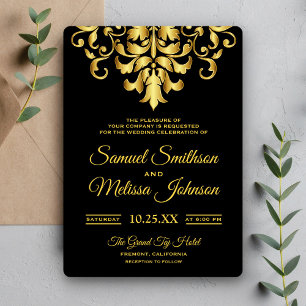 Elegant Black and Gold Damask Wedding Invitation Kaart