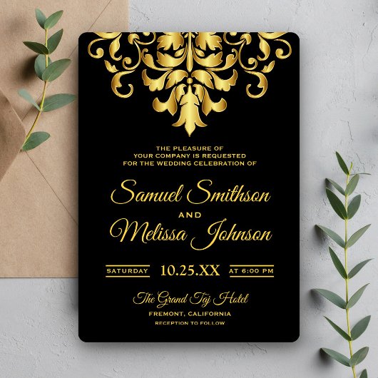 Elegant Black and Gold Damask Wedding Invitation Kaart