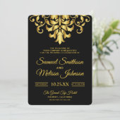 Elegant Black and Gold Damask Wedding Invitation Kaart (Staand voorkant)