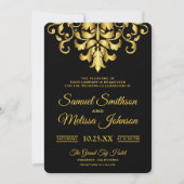 Elegant Black and Gold Damask Wedding Invitation Kaart (Voorkant)