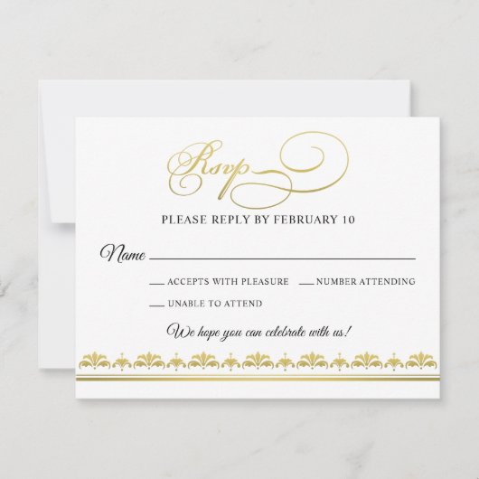 Elegant Black and Gold Damask Wedding RSVP Kaartje (Voorkant)