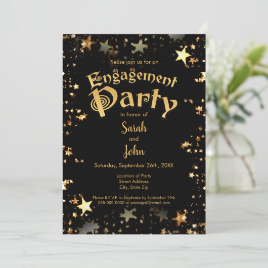 Elegant Black and Gold Engagement Party Kaart (Staand voorkant)