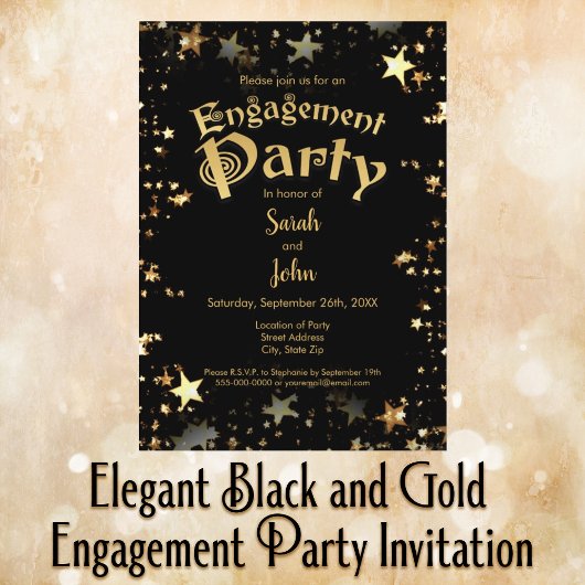 Elegant Black and Gold Engagement Party Kaart