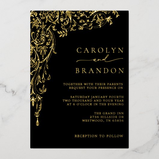 Elegant Black and Gold Filigree Wedding Folie Uitnodiging (Voorkant)