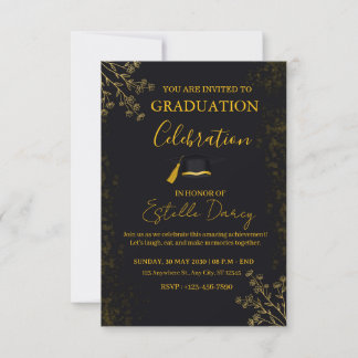 Elegant Black and Gold Floral Graduation Party Kaart