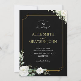 Elegant Black and Gold Floral Photo Wedding Kaart