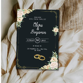 Elegant Black and Gold Floral Wedding Invitation Kaart